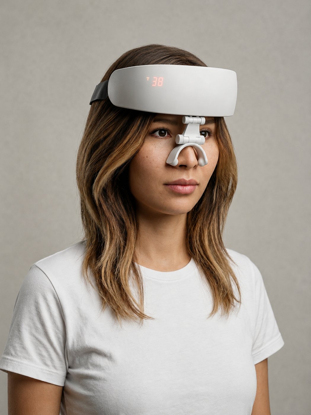 Woman wearing the white Hejoy breathing device